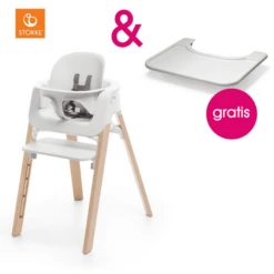 STOKKE® Steps™ Hochstuhl Weiß Buche Natur Inkl. Baby Set Weiß + Gratis Tray Weiß